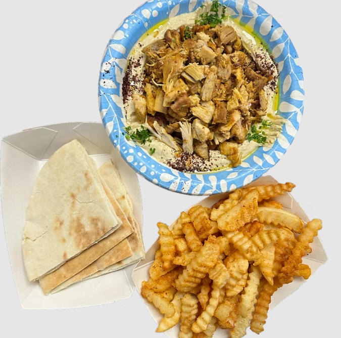 Hummus with chicken, fries
