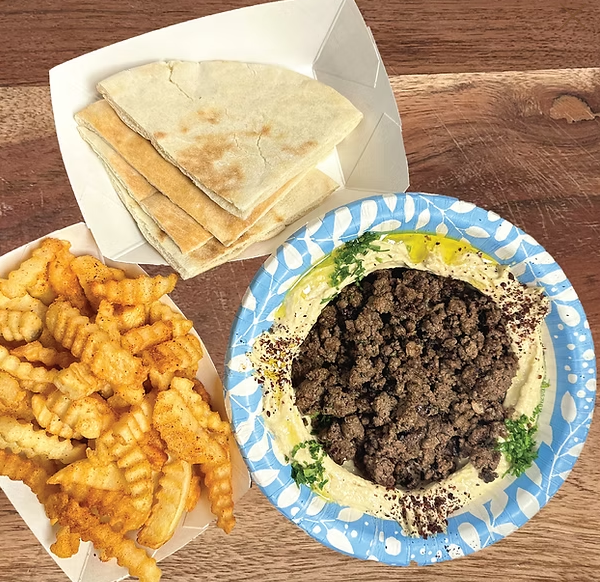 Hummus with ground beef, fries